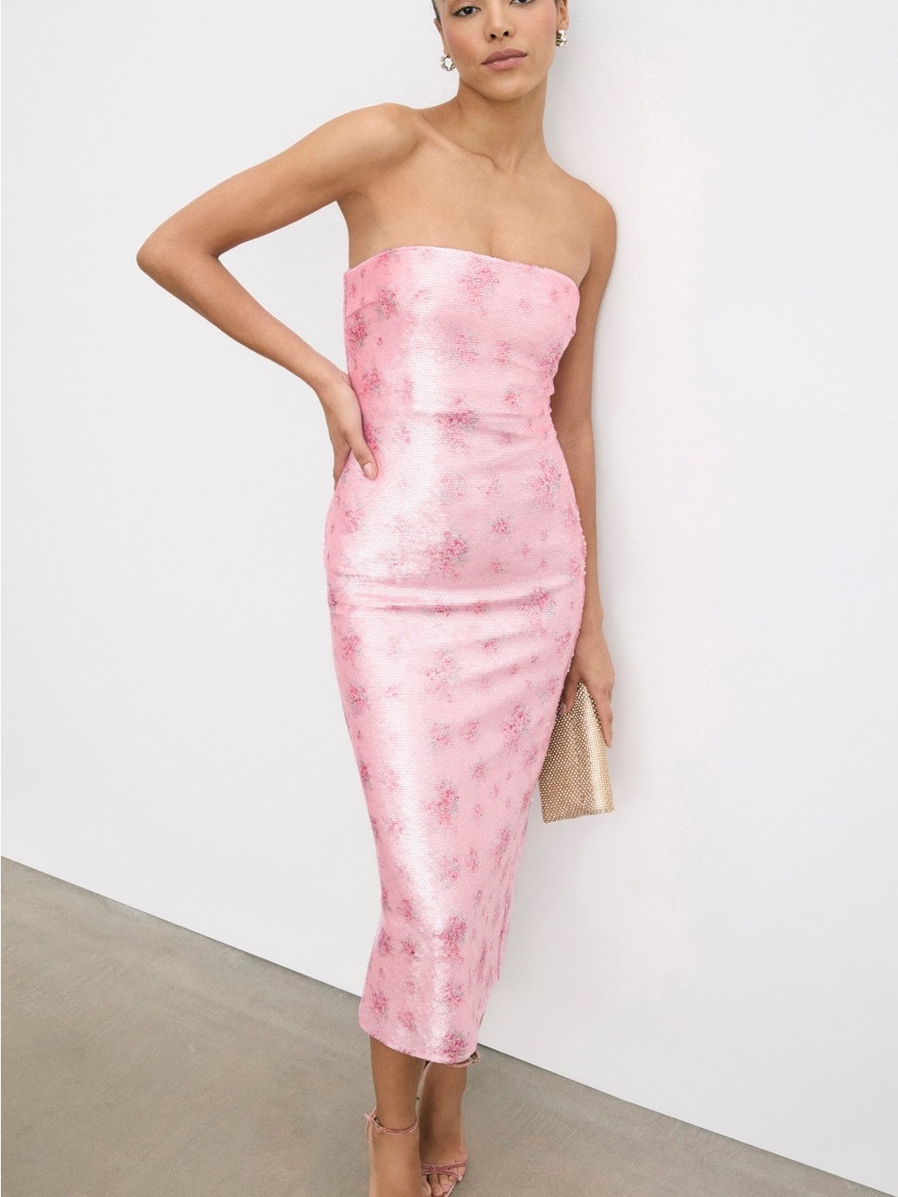 LoveShackFancy Strapless Pink Floral Midi Dress